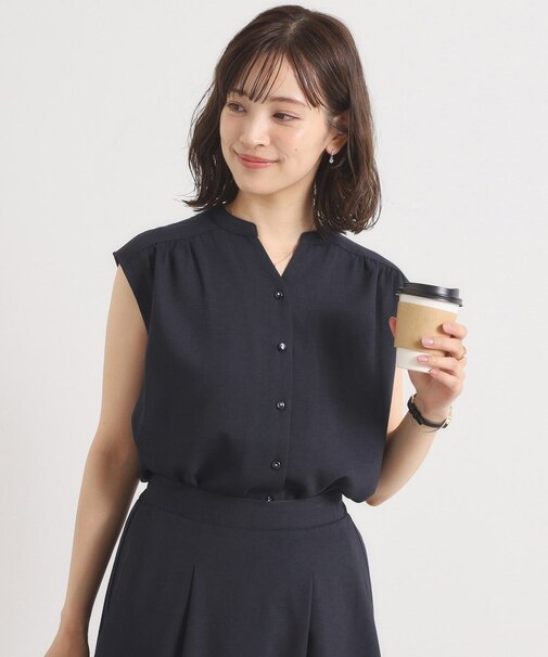 【UVカット／速乾／冷感／洗濯機OK／洗濯後しわになりにくい】麻調ストレッチ前開きブラウス＜ラク服シリーズ＞