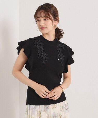 【手洗い可】花レースフリル袖ニット