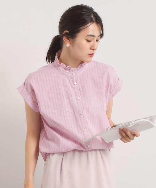 【手洗い可】スタンドフリルストライプブラウス