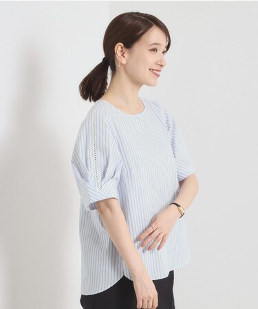 【手洗い可】袖ツイストストライプブラウス