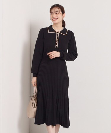 【手洗い可】ポロ衿ニットフレアワンピース