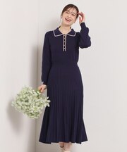 【手洗い可】ポロ衿ニットフレアワンピース