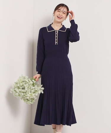 【手洗い可】ポロ衿ニットフレアワンピース