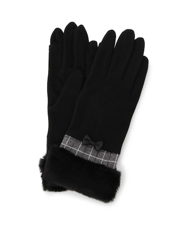 【手洗い可】リボン付フェイクファーカフスグローブ