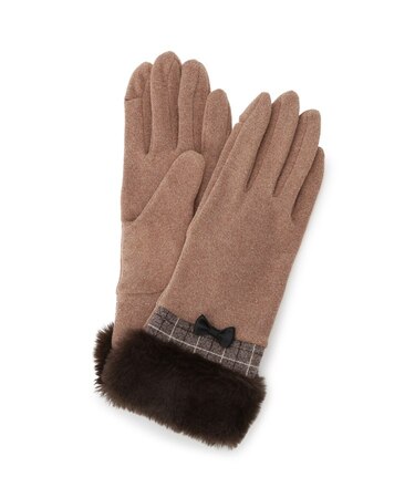 【手洗い可】リボン付フェイクファーカフスグローブ