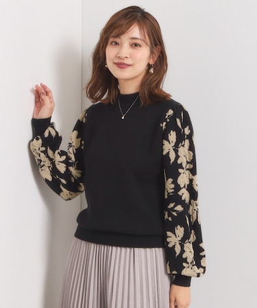 【手洗い可】花柄ジャカード袖ニット