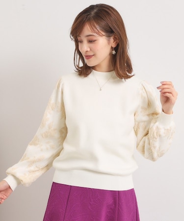 【手洗い可】花柄ジャカード袖ニット