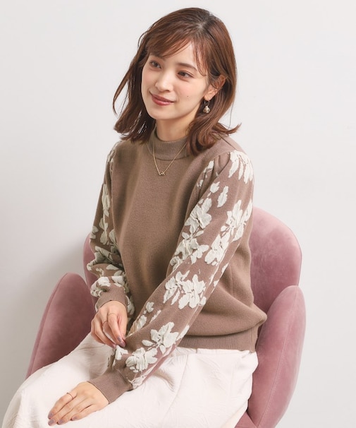【手洗い可】花柄ジャカード袖ニット