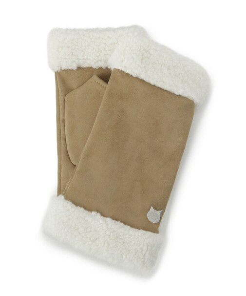 【手洗い可】猫刺繍ボア指切りグローブ