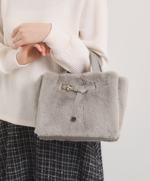 【5ポケット】ベルト飾り三層フェイクファートート