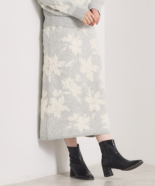 【手洗い可／セットアップ可】花柄フェザージャカードニットスカート
