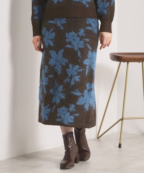 【手洗い可／セットアップ可】花柄フェザージャカードニットスカート