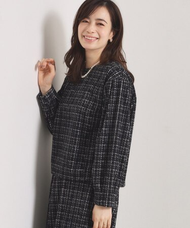 【手洗い可／セットアップ可】ツイード風プリントブラウス