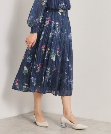 【手洗い可／セットアップ可】ラメストライプ花柄スカート