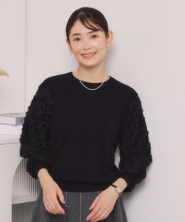 【手洗い可】立体チュールレース袖ニット