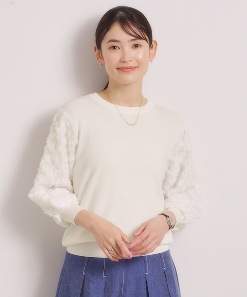 【手洗い可】立体チュールレース袖ニット