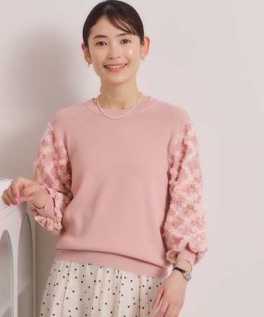 【手洗い可】立体チュールレース袖ニット