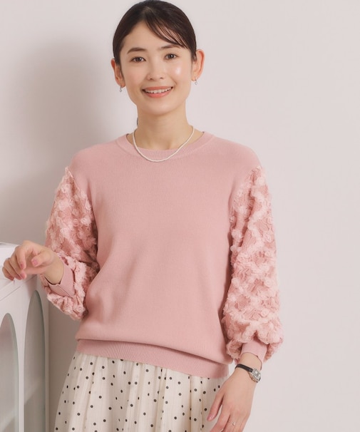 【手洗い可】立体チュールレース袖ニット