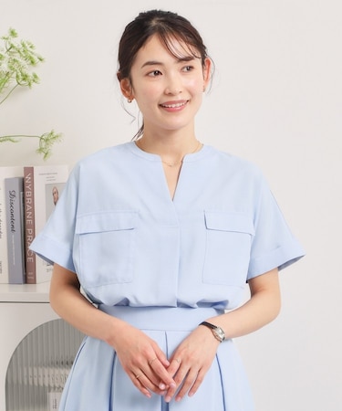 【UVケア／洗濯機OK／接触冷感／吸水速乾】麻調合繊ポケ付きブラウス