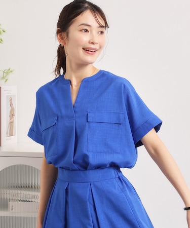 【UVケア／洗濯機OK／接触冷感／吸水速乾】麻調合繊ポケ付きブラウス