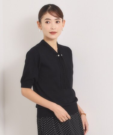 レース付きボウタイ5分袖ニット