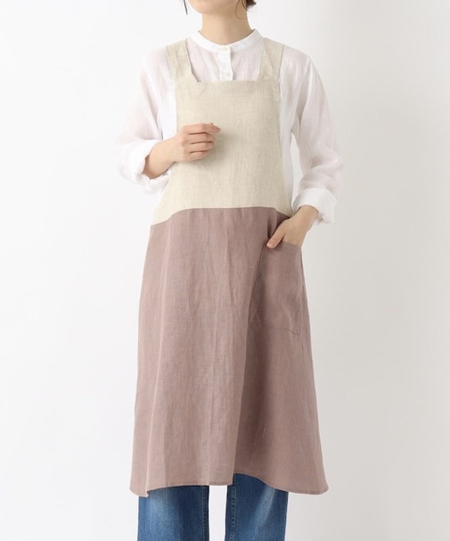 リネンバイカラースルーエプロン アズキ ＜LINEN&BASIC リネンアンドベーシック＞