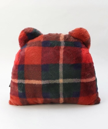 チェックファー ベアクッション レッド