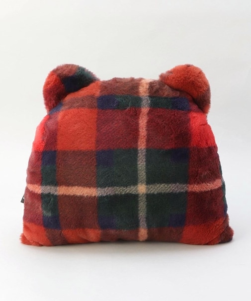 チェックファー ベアクッション レッド