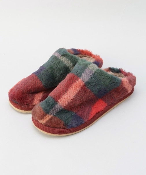 チェックファー スリッパ レッド