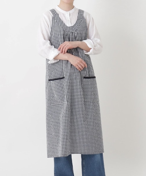 ギンガムサッカーギャザーエプロン BK