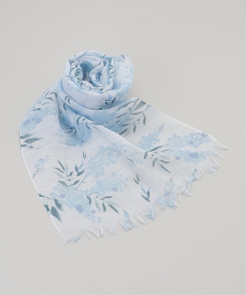 チクチクしない麻ストールミモザのブーケ 50 ブルー