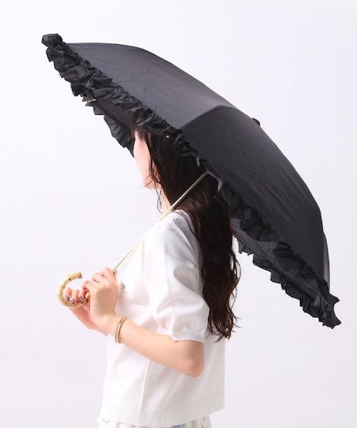 リボン付き 日傘 ブラック 木製ハンドル 折りたたみ/晴雨兼用】遮光率100％！3段折リボン日傘｜エスペランサの