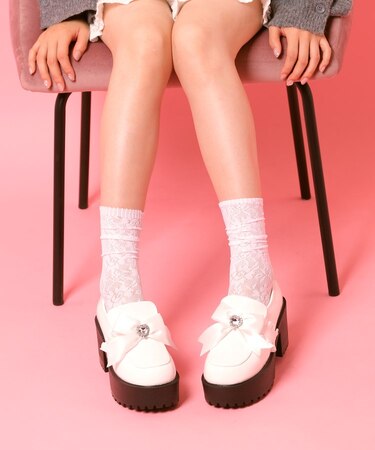 リボン付厚底ローファーパンプス