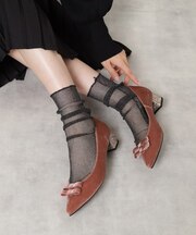 ラメベルベットダブルリボンパンプス