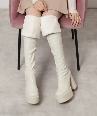 【ラク盛り／ニーハイブーツ】リピーター続出／脚長美脚 ふわもこ2WAYニーハイブーツ
