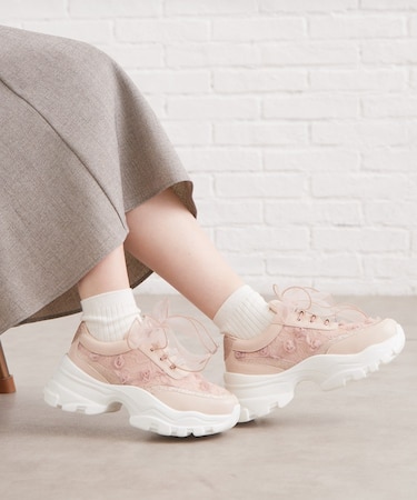 【ゴム紐仕様】シフォンリボン付きジュエルマカロニスニーカー