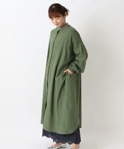 綿レーヨン シャーリング袖ワンピース