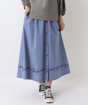綿麻 前開き風 刺繍入りスカート