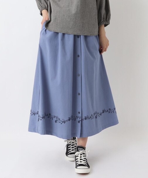 綿麻 前開き風 刺繍入りスカート
