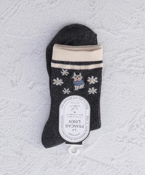 ◆JG FL ワッフルねこ刺繍 クォーターソックス