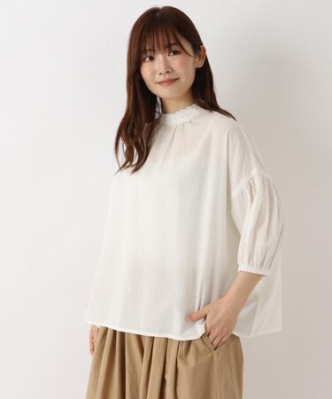 レースハイネック 5分袖ブラウス