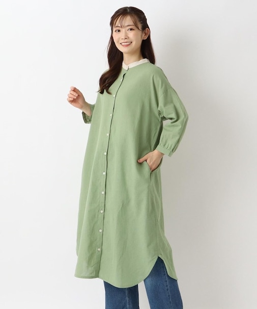 配色スタンドカラー 8分袖ワンピース