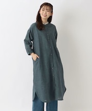 配色スタンドカラー 8分袖ワンピース
