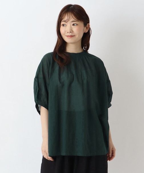 先染コットン2WAY衿ぐりギャザーブラウス