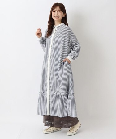 裾ギャザー ロングシャツワンピース