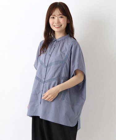 ◆レース切替 フレンチスリーブワイドブラウス