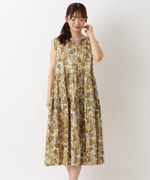 幾何学柄 ノースリーブティアードワンピース