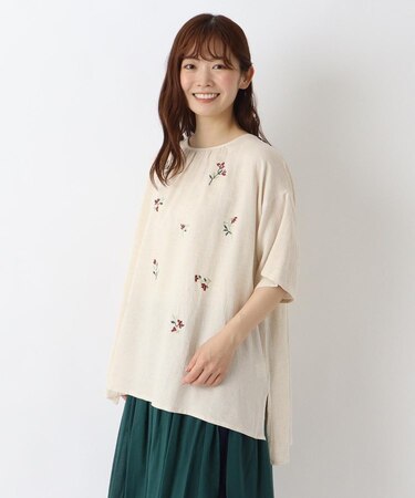 フラワー刺繍 5分袖チュニックシャツ