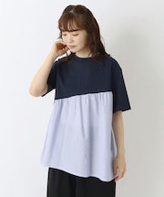 コットン天竺 5分袖布帛切替プルオーバー