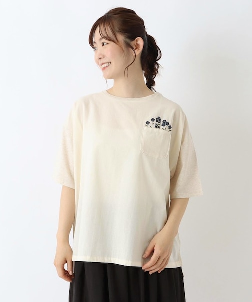 コットン天竺 花刺繍入り5分袖プルオーバー